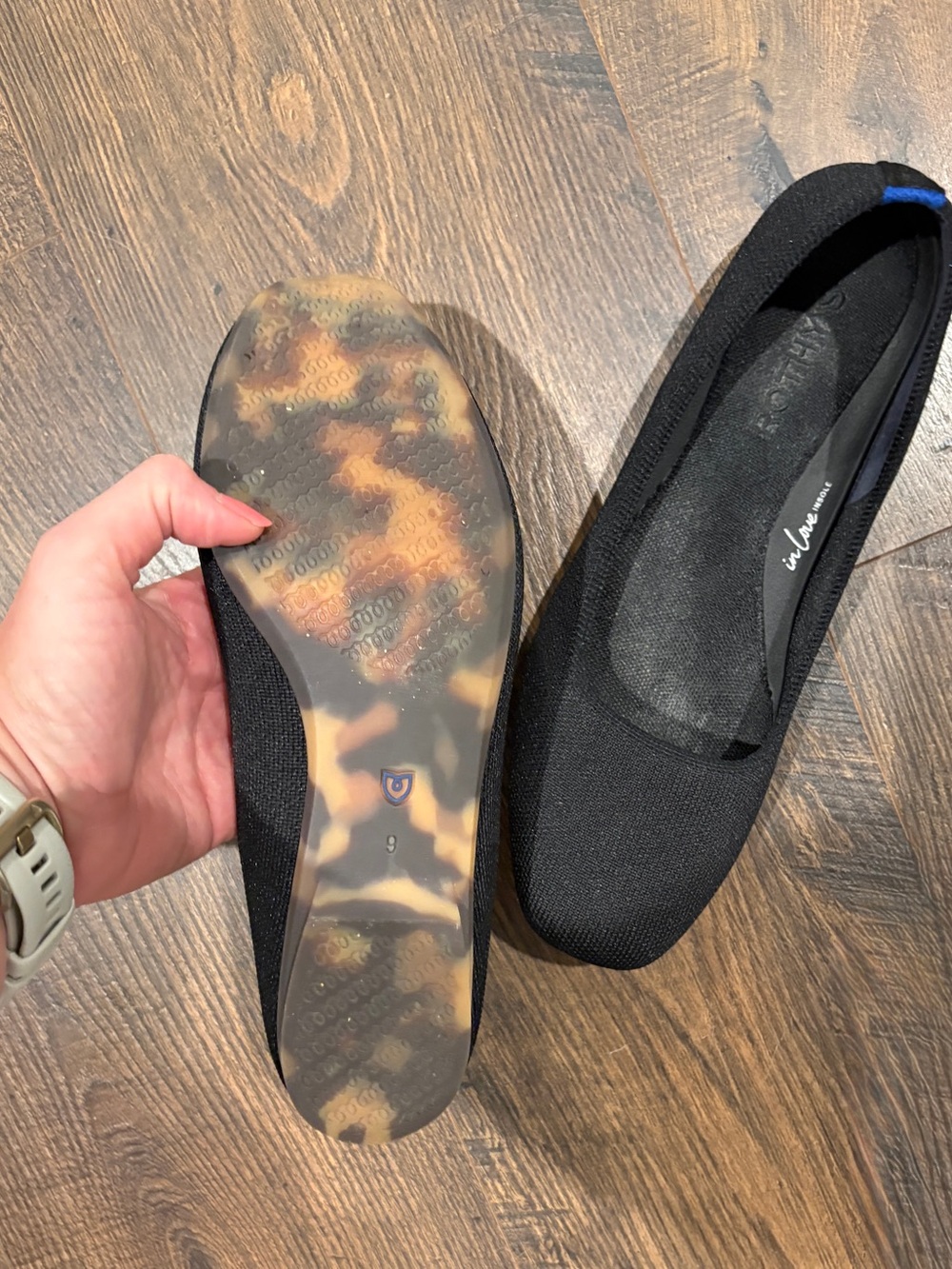 Rothy's Black Knit Square-Toe Ballet Flats with Blue Heel Tab - Picture 2 of 2